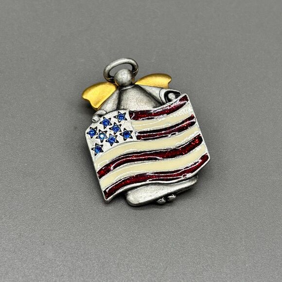 AJMC Brooch Pin Angel w/ American Flag Pewter Enamel Rhinestones Patriotic USA - Picture 1 of 5